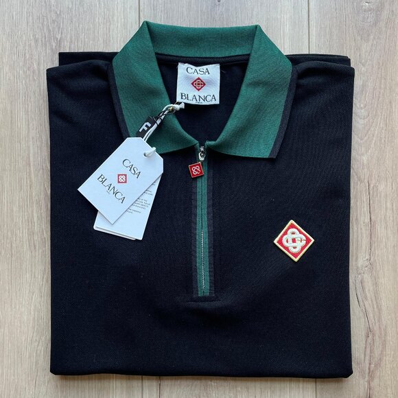 SMALLCASABLANCA MEN'S BLACK HALF ZIP COTTON POLO T-SHIRT